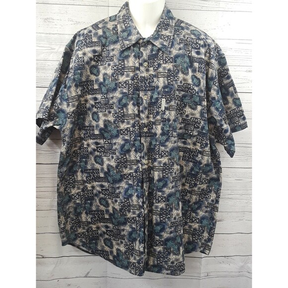 Vtg Columbia Hawaiian Shirt Camp Pineapple Geometric Aztec Beige Blue plus XL - Picture 1 of 12